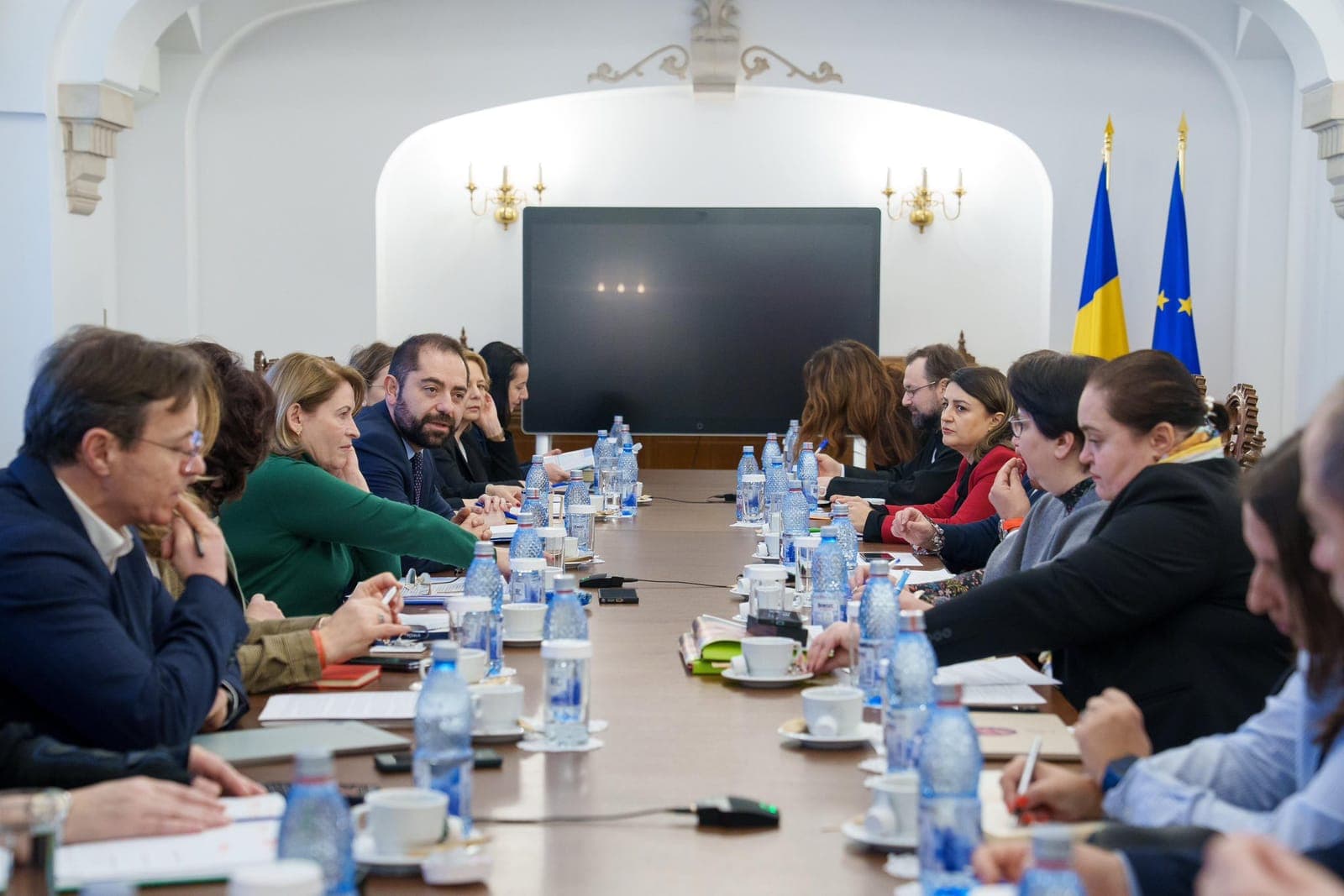 Participanți la o masă rotundă instituțională, așezați de-a lungul unei mese lungi într-o sală cu drapelele României și ale Uniunii Europene.